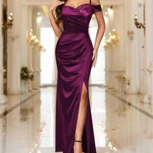 Women's Sexy Off Shoulder Satin High Split Ruched Style Evening Party Maxi Dress